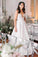 A Line Round Neck Floor Length V Neck Cheap Wedding Dress with Lace Appliques WK202