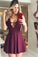 A-Line V-Neck Short Grape Pleated Satin Sleeveless Cute Mini Homecoming Dresses WK764