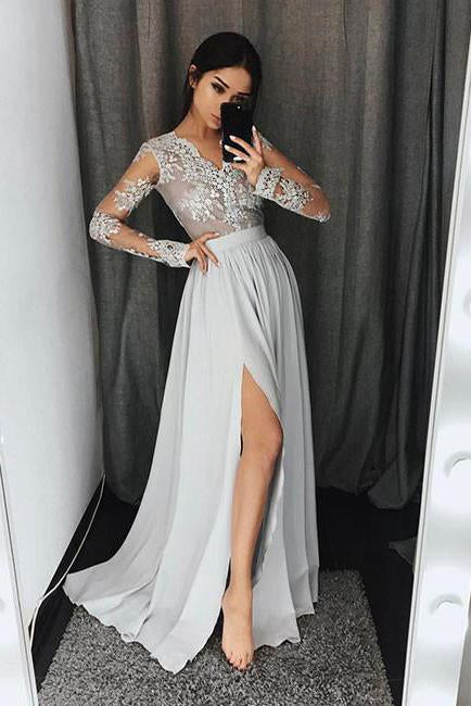 Stylish A-Line V-Neck Long Sleeves Split Front Gray Chiffon Long Prom Dresses WK327