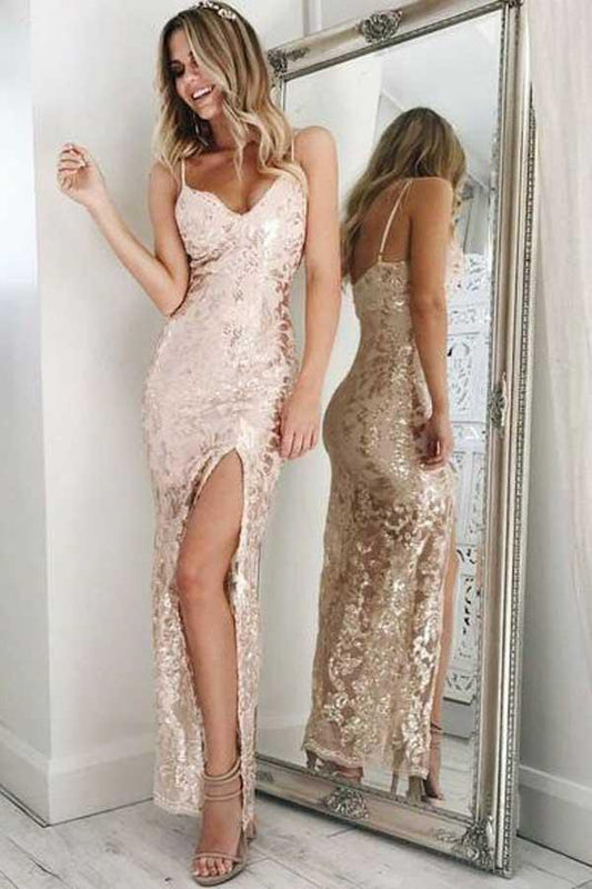 Mermaid Ankle Length Pearl Pink Spaghetti Straps V Neck Sequins Split Prom Dresses WK09
