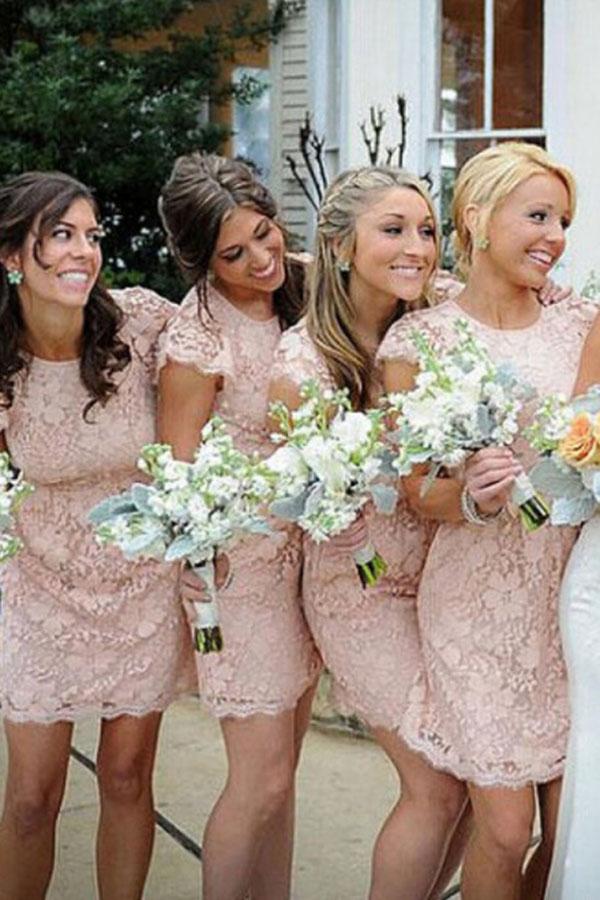 Sheath Crew Short Cap Sleeves High Neck Pink Lace Open Back Prom Bridesmaid Dresses WK714
