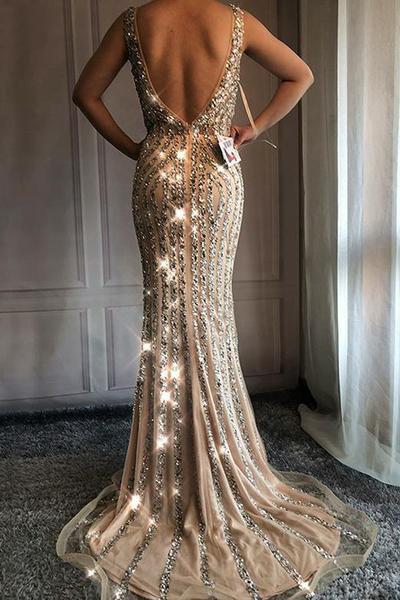 V Neck Long Mermaid Rhinestone Beaded Luxury Prom Dresses Backless Party Dresses WK453