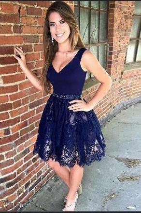 V Neck Navy Blue Straps Beads Lace Homecoming Dresses Short Prom Dresses H1185