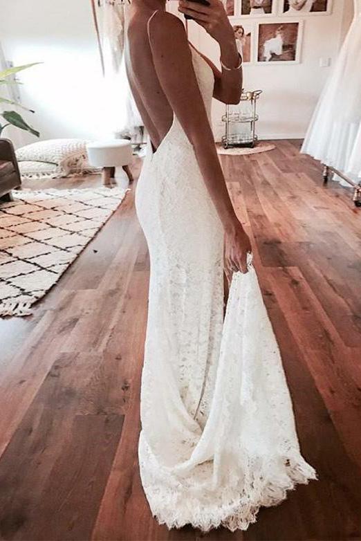 V Neck Spaghetti Straps Backless Lace Boho Wedding Dress With Split Mermaid Bridal Dress WK999