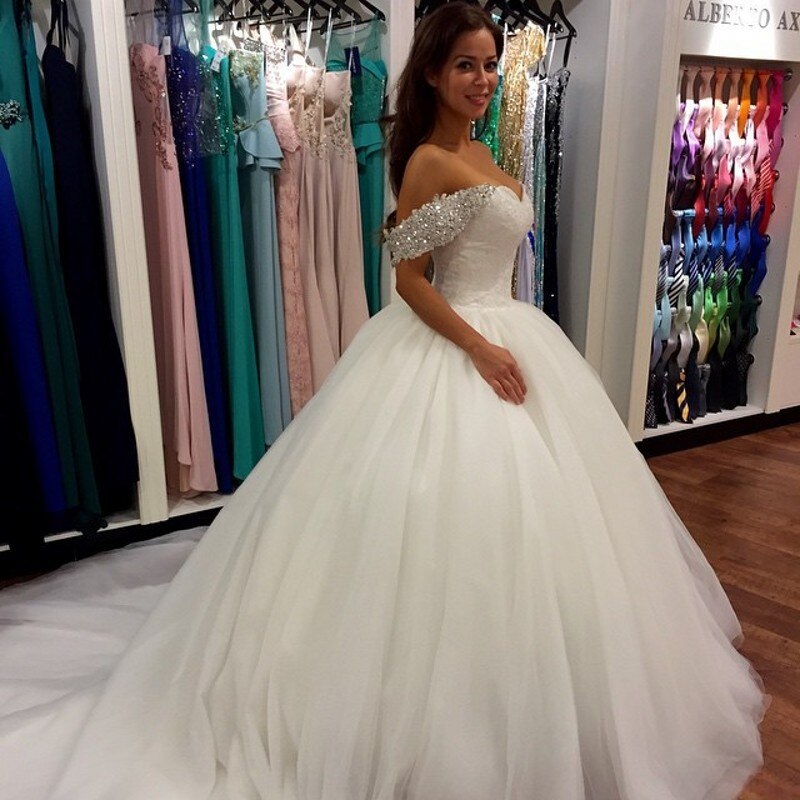 Wonderful Ball Gown Beaded Off the Shoulder Sweetheart Tulle White Wedding Dresses WK685