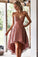 Vintage Dusty Rose High Low Lace Homecoming Dresses with Pocket V Neck Short Prom Dress WK952