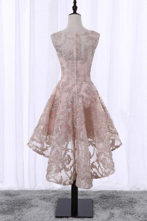 Vintage High Low Round Neck Lace Appliques Pink Homecoming Dresses with Straps H1193