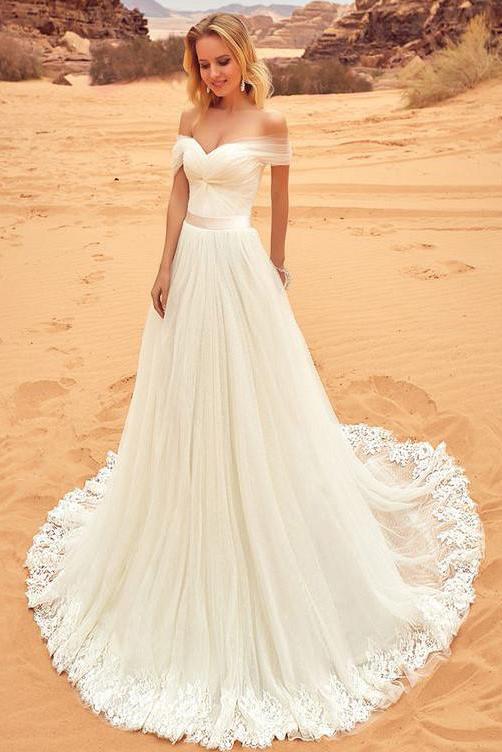 Sexy Off-the-Shoulder Sweep Train Sweetheart A-Line Tulle Ivory Floor-Length Wedding Dress WK865