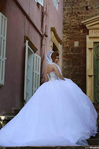 White Sheer Long Sleeves Beaded Sweetheart Crystals Ball Gown Corset Tulle Wedding Dresses WK159