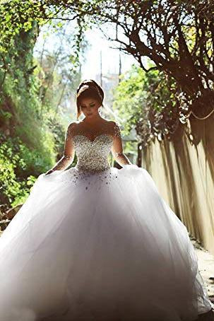 White Sheer Long Sleeves Beaded Sweetheart Crystals Ball Gown Corset Tulle Wedding Dresses WK159