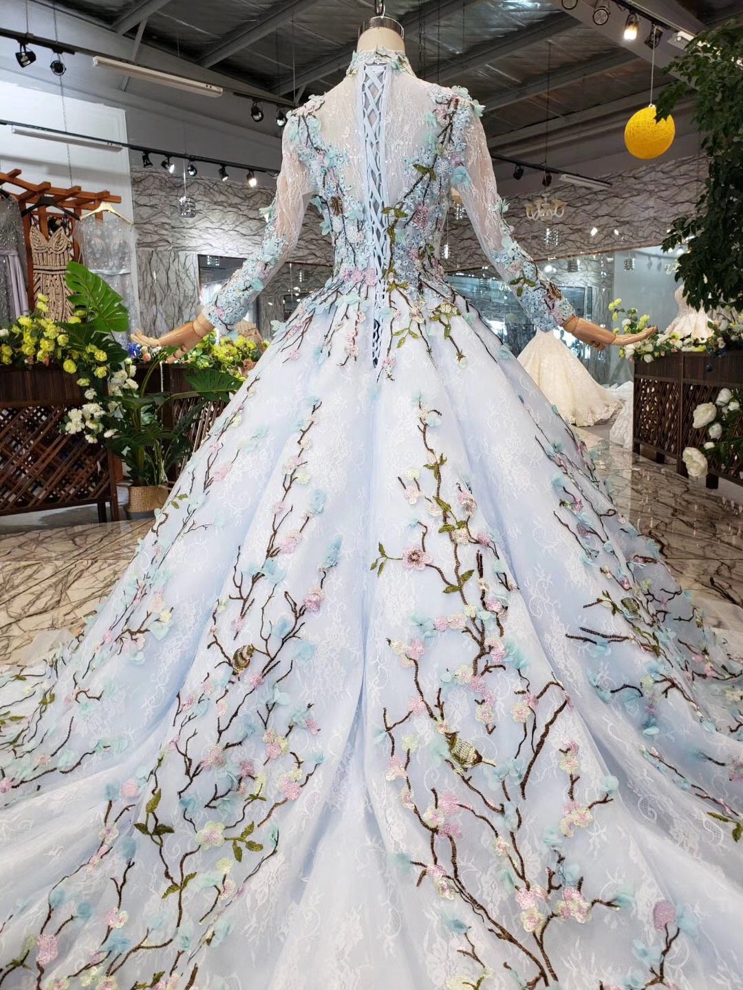 Stunning Light Blue Long Sleeve Wedding Dresses High Neck Quinceanera Dresses WK772