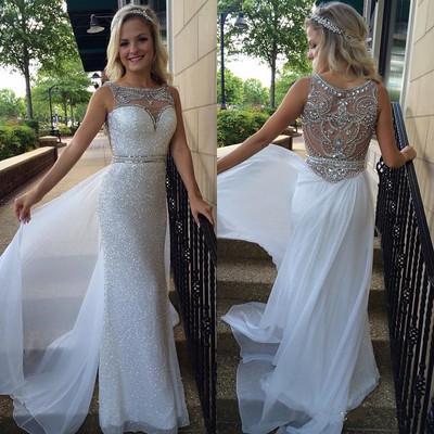 White Backless Sheer Silver Beaded Bodice with Sparkle Long Chiffon Sequin Prom Dresses WK110