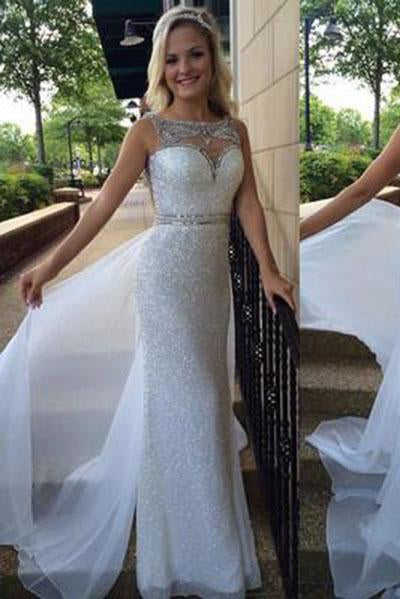 White Backless Sheer Silver Beaded Bodice with Sparkle Long Chiffon Sequin Prom Dresses WK110