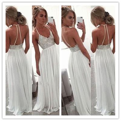 White Chiffon Sequin Long Prom Dress For Teens Backless Long Prom Dresses Wedding Dress WK96