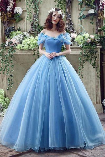 Elegant Ball Gown Off the Shoulder Blue Long Lace up Sweetheart Tulle Prom Dresses WK257