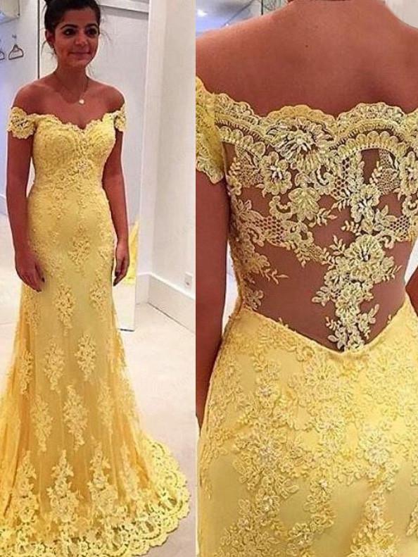Elegant Sheath Yellow Lace Off Shoulder Long Prom Dresses WK662