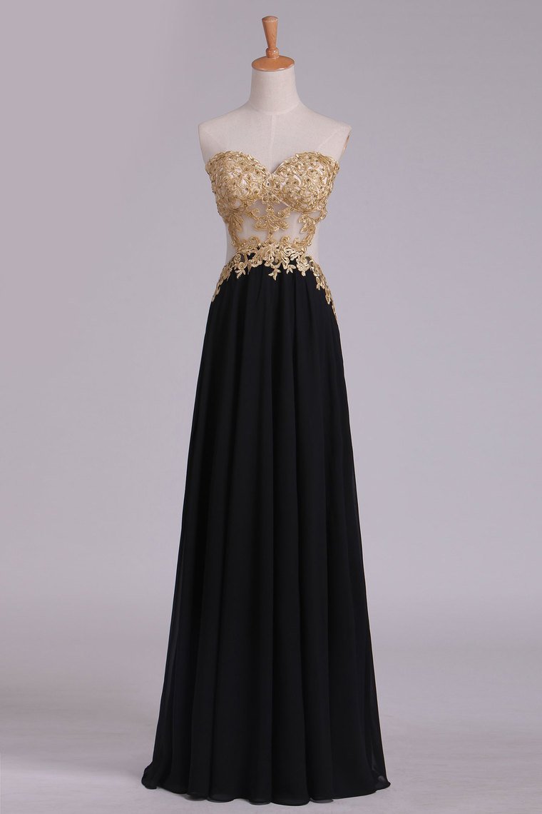 Sweetheart Prom Dresses A Line Chiffon With Gold Applique Sweep Train