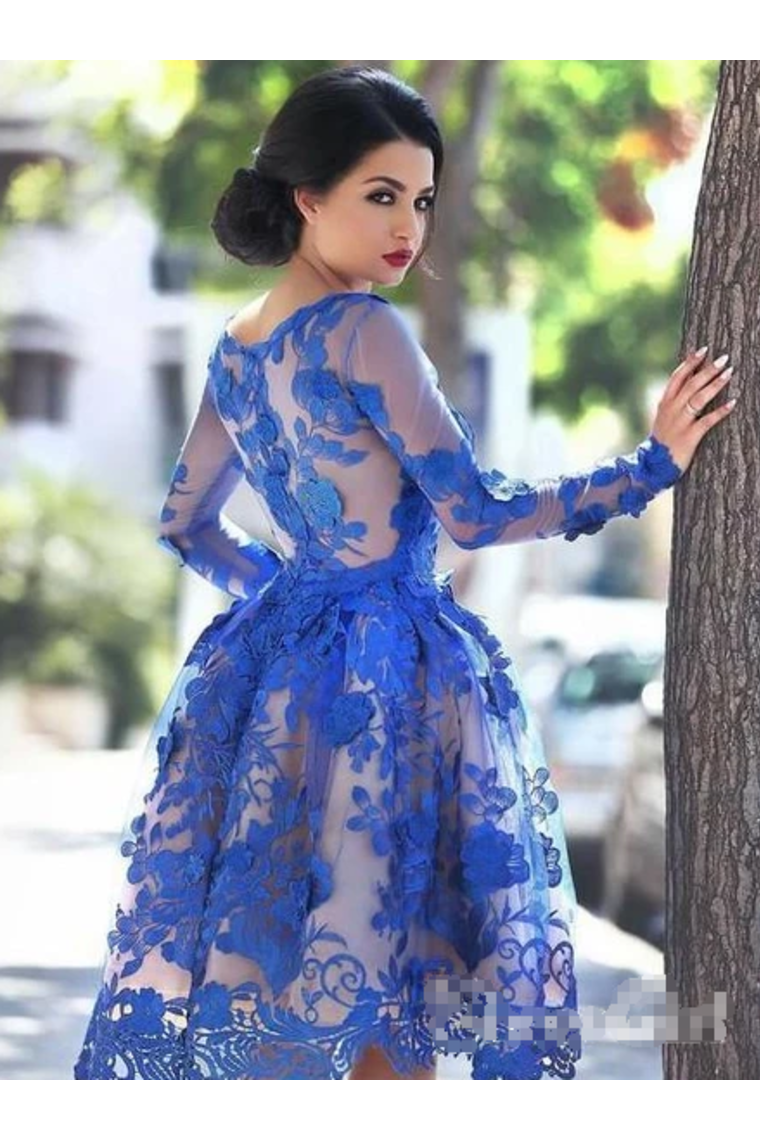 See Through Long Sleeve A Line Homecoming Dresses Lace Short Prom Dresses