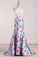 Two Pieces Halter Mermaid Floral Prom Dresses Sweep Train