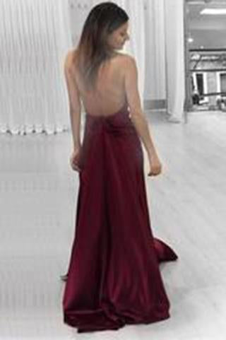 Sexy A-line Halter Burgundy V-Neck Backless Slit Sleeveless Long Evening Prom Dresses WK739