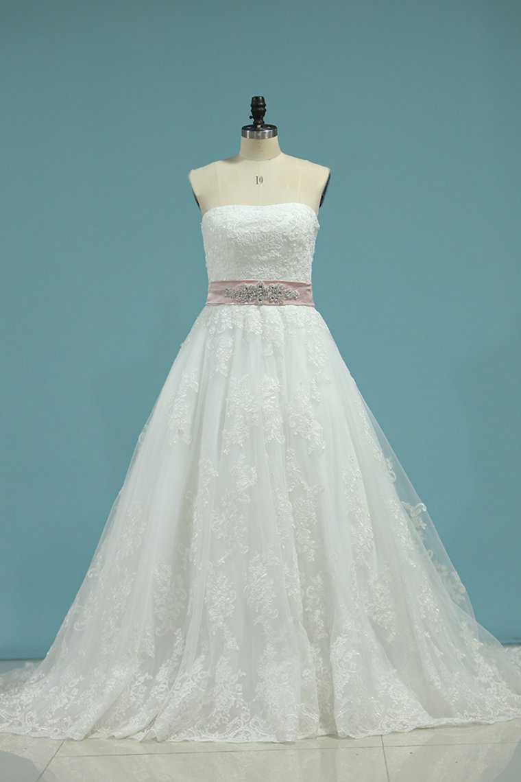 A Line Sweetheart Wedding Dresses Tulle With Applique And Sash