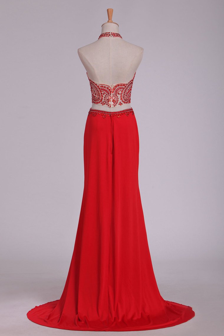Prom Dresses See-Through High Neck Two Pieces Spandex With Slit And Beading