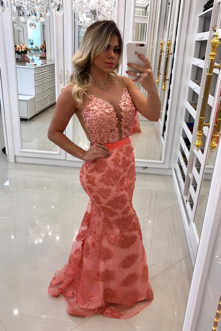 Scoop Lace Mermaid Prom Dresses With Beads And Sash Sweep Train
