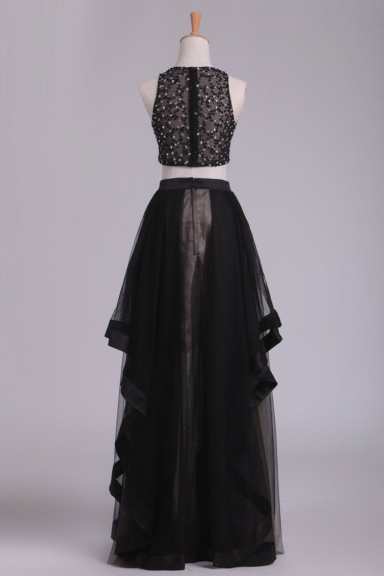See-Through Prom Dresses Two Pieces Scoop A Line Tulle With Beading