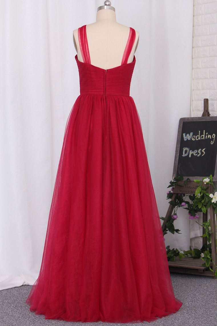 Straps Tulle Pleated Bodice Bridesmaid Dresses A-Line