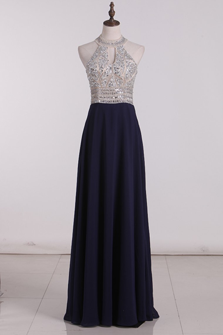 Scoop Prom Dresses Chiffon With Beading A Line Open Back