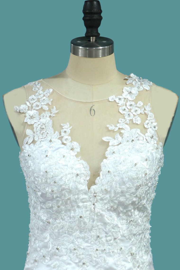 Satin Mermaid Scoop Court Train Detachable Wedding Dresses With Applique