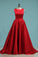 Satin A Line Scoop With Beading Sweep Train Prom Dresses