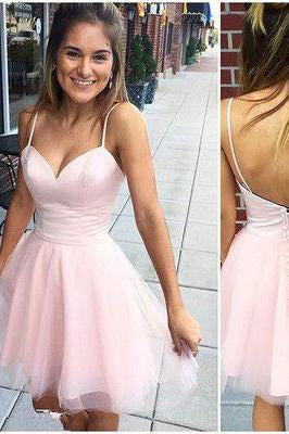 Sexy Short Cute Pink Spaghetti Straps Tulle Mini Junior Backless V-Neck Homecoming Dress WK612