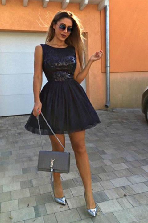 Popular Round Neck Sequins Dark Blue Short Prom Dresses Homecoming Dresses WK909