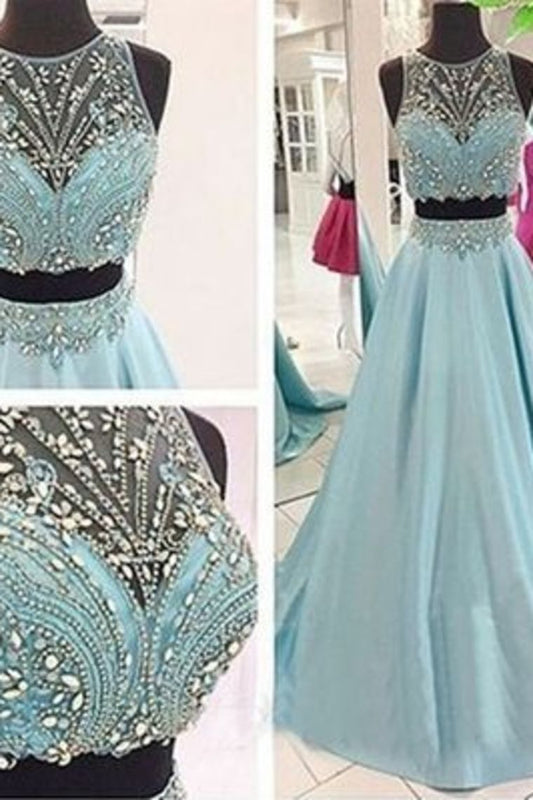 Gorgeous Two Pieces Satin Prom Dresses With Beaded Bodice Sweep Train