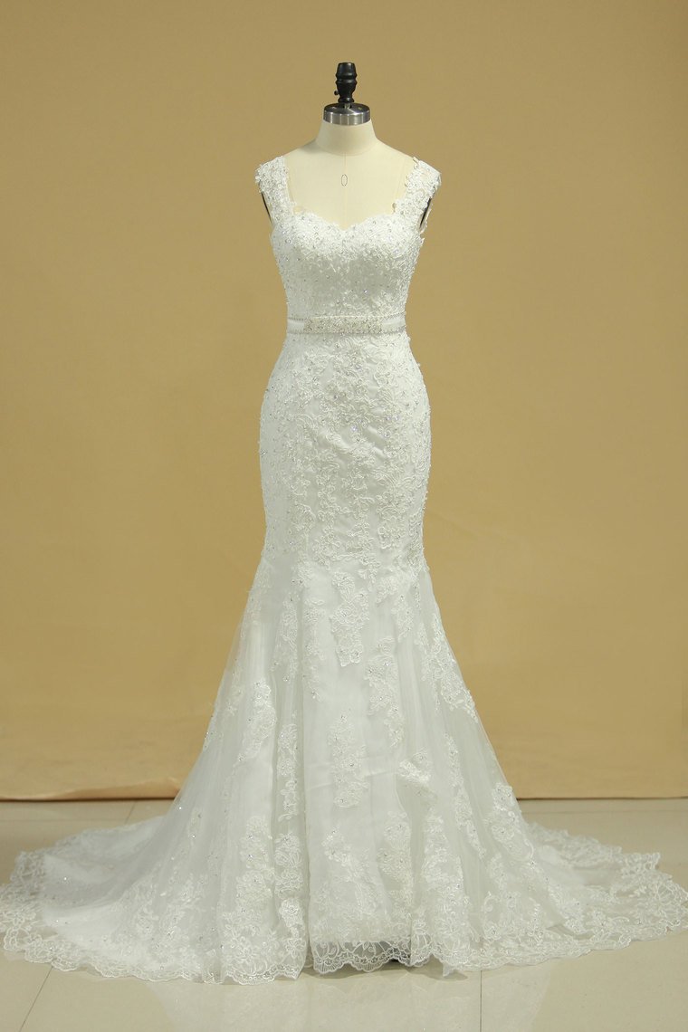 New Arrival Straps Tulle Column Wedding Dresses With Applique