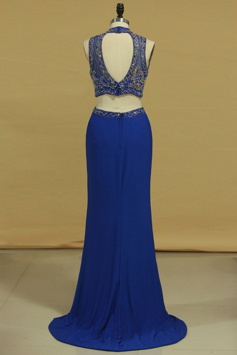 Two Pieces Column Prom Dresses High Neck With Beading Spandex