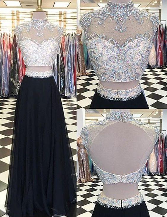 Glamorous Two Piece High Neck Cap Sleeves Long Black Prom Dress with Beading Open Back WK781