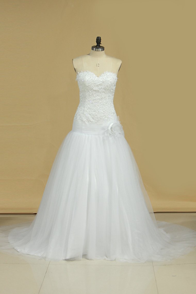 Tulle Sweetheart With Applique Wedding Dresses A Line Sweep Train