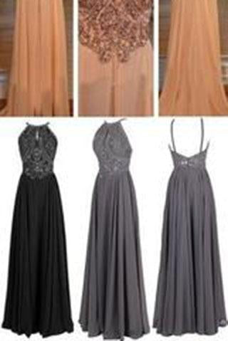 A-line Spaghetti Straps Sleeveless Backless Chiffon Long Orange Halter Beads Prom Dresses WK06