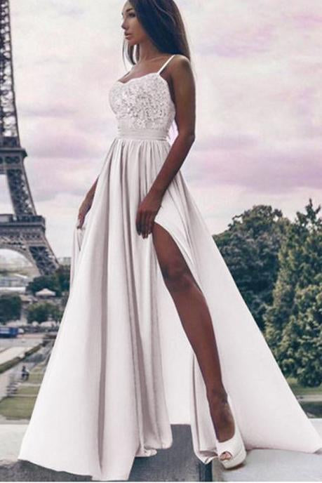 A Line Spaghetti Straps High Slit Sweetheart Chiffon Lace Appliques Prom Dresses WK310