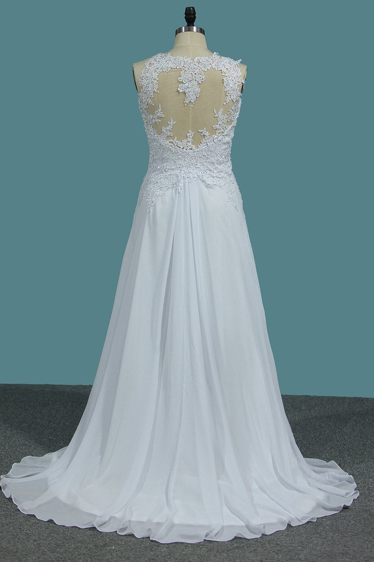 A Line Scoop Chiffon Wedding Dresses With Applique And Slit Sweep Train