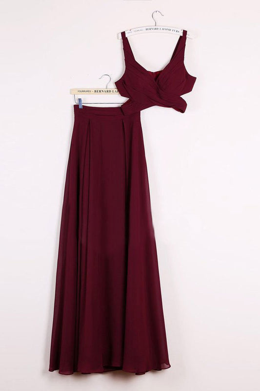 Elegant Two Pieces A-line V Neck Floor-length Burgundy Chiffon Cheap Prom Dresses WK671