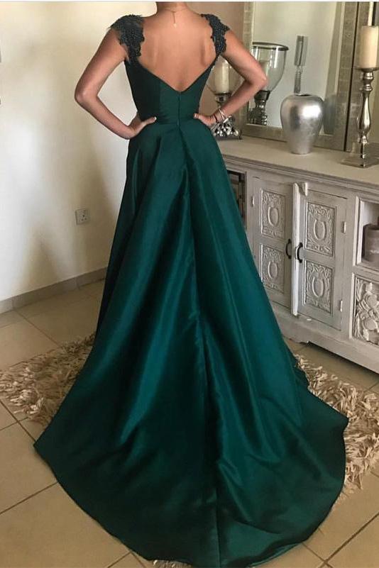Elegant Beaded Peacock Green V Neck Long Satin Open Back Prom Dresses WK98