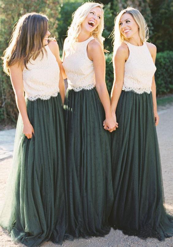 A Line Lace Bodice Green and White Tulle Long Round Neck Bridesmaid Dresses WK285