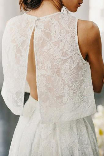 Two Piece Crew Sleeveless Sweep Train Open Back Ivory Lace Cheap Wedding Dresses WK206