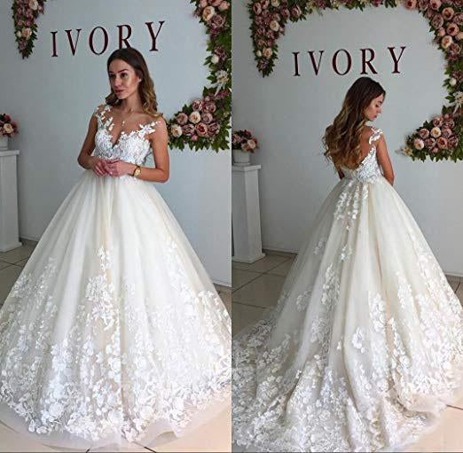 Ball Gown Lace Appliques Tulle Backless Cap Sleeve Wedding Dresses Bridal Dresses WK333