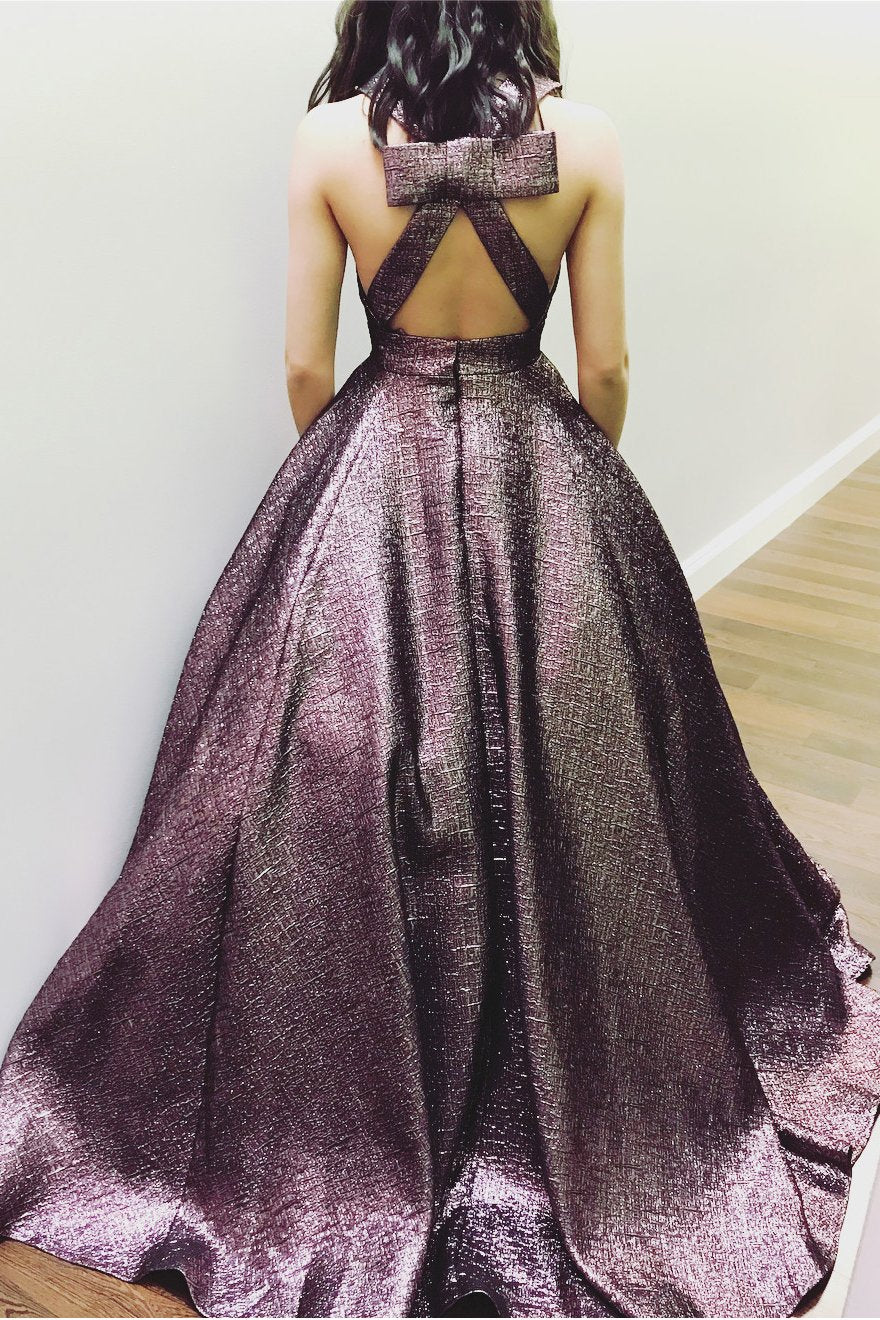 Elegant Deep V Neck Chocolate Brown Long Ball Gown Prom Dresses with Pockets WK842