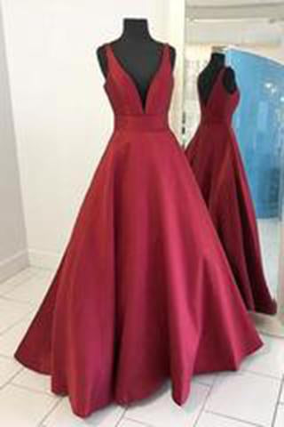 2024 Sexy Burgundy Red Long V Neck Red Evening Dress Simple Prom Dresses WK749