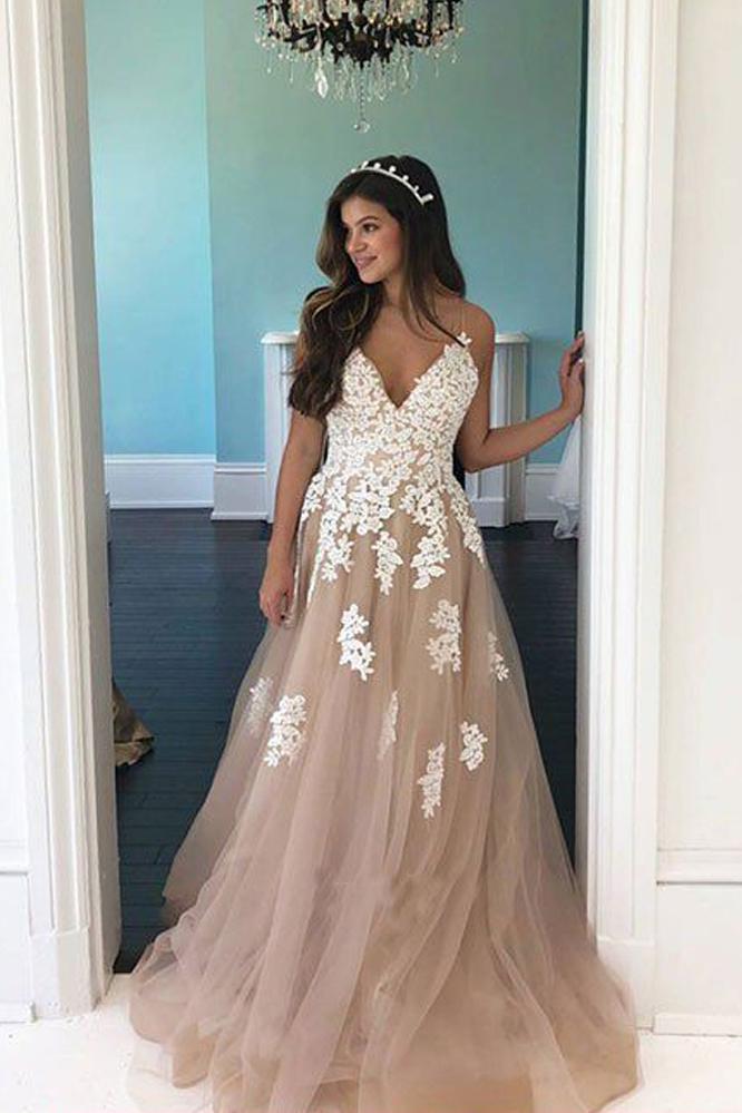 Elegant A Line V Neck Open Back Spaghetti Straps Tulle Prom Dresses with Lace Appliques WK138